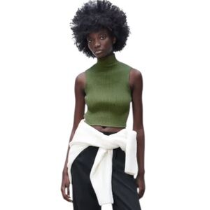 ZARA Ribbed Knit Sleeveless Turtleneck Top – Green - Size Small